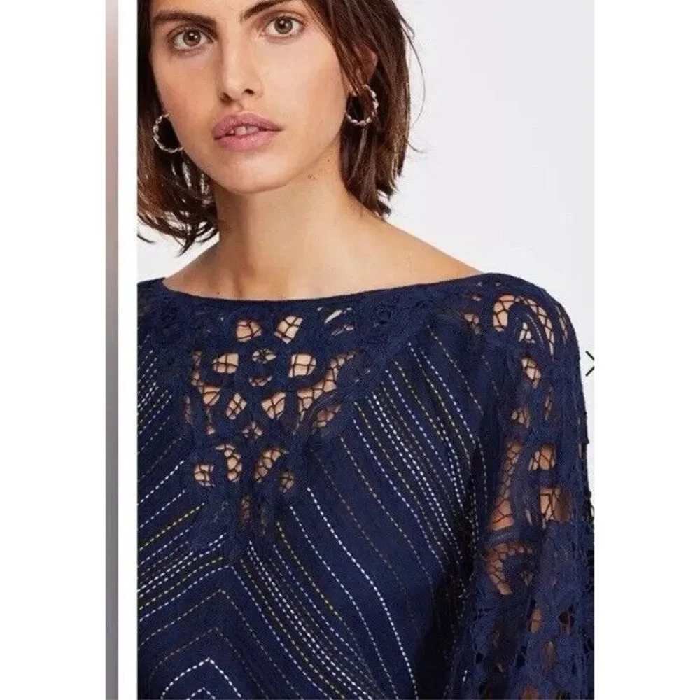 FREE PEOPLE Floating Memories Blouse Lace Panel Balloon Sleeves Size L Navy Blue